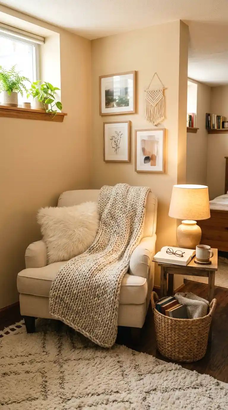 create a cozy reading corner with layered textiles