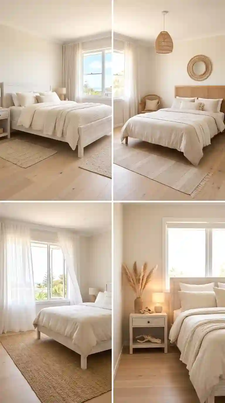 beach house bedroom collage with whitewashed bed rattan headboard sheer curtains and coastal nightstand styling