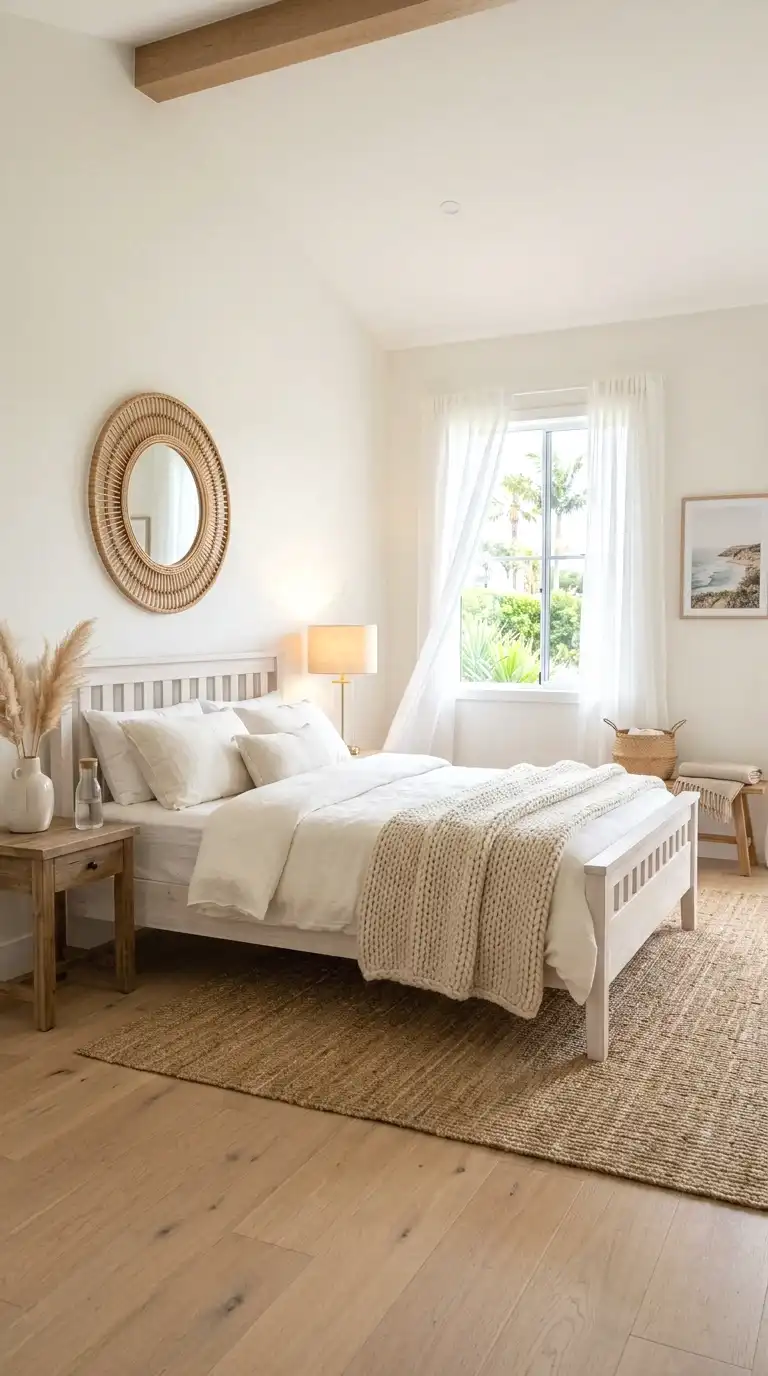 beach house bedroom with whitewashed wood bed linen bedding rattan mirror and sheer curtains by window