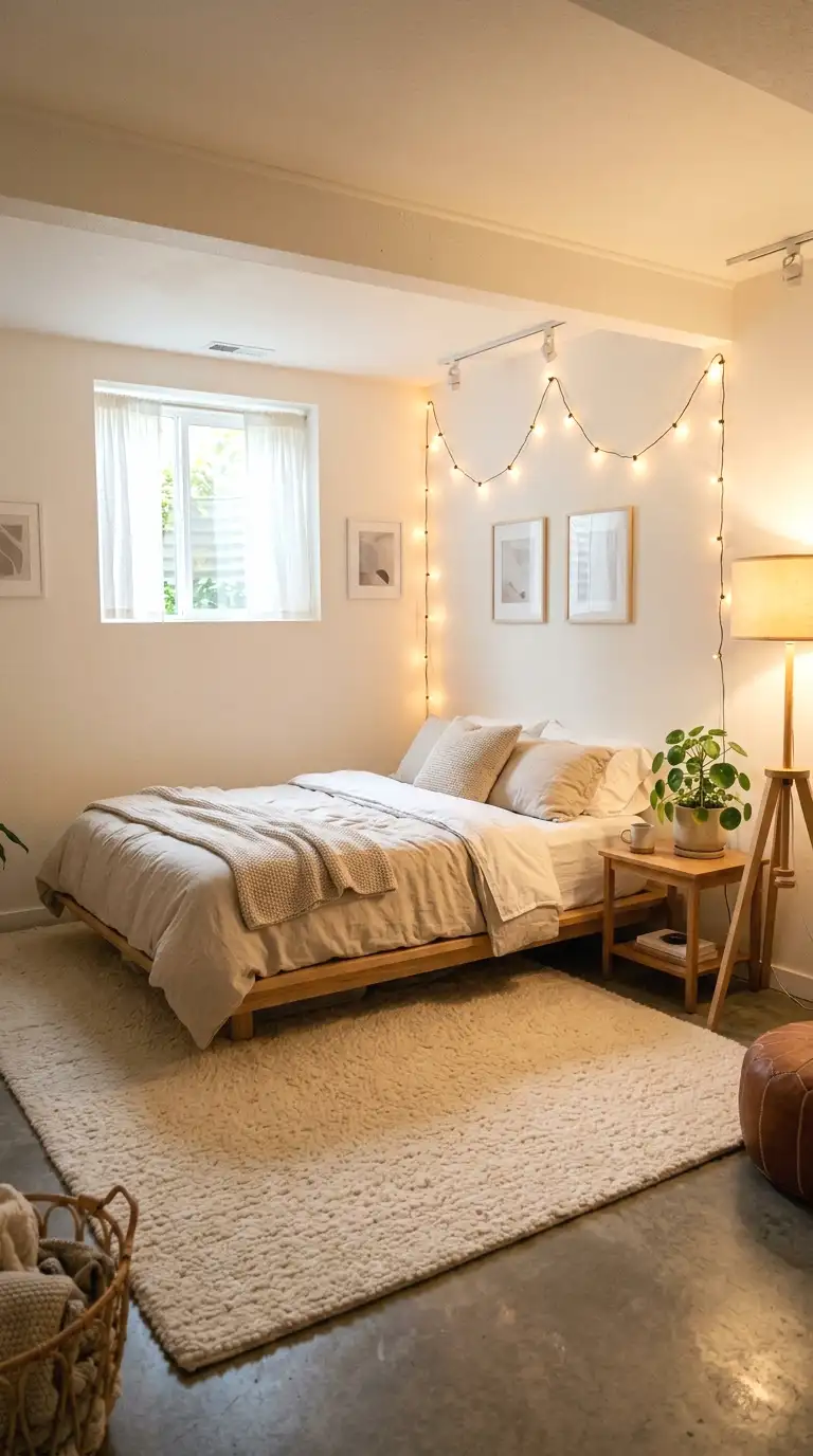 Cozy basement bedroom with warm lighting, a low platform bed, neutral linen bedding, and a small curtained window