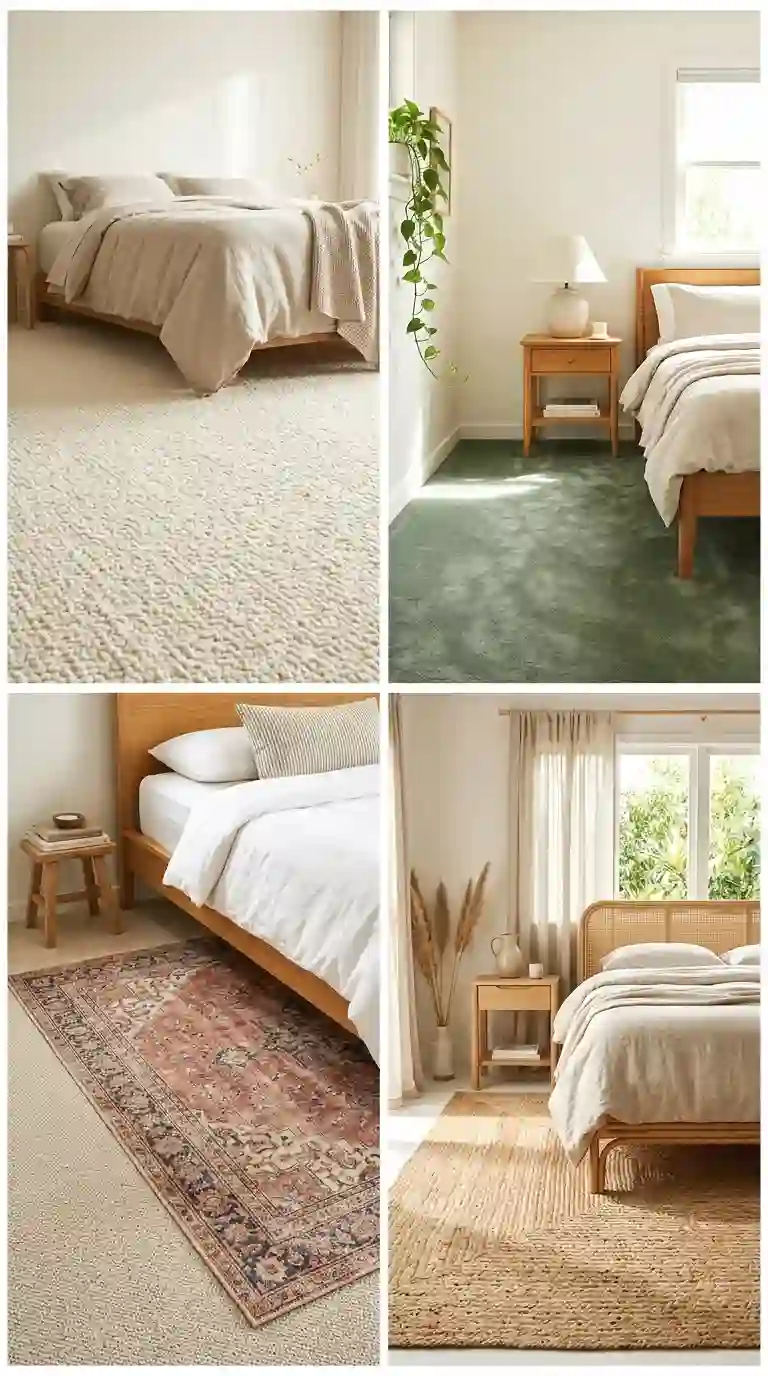 Bedroom carpet ideas collage featuring cream bouclé, sage green velvet, layered vintage Persian rug, and natural jute rug.