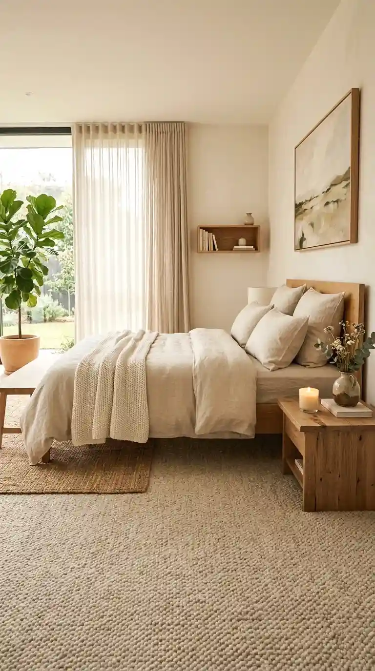 Warm bedroom carpet ideas, linen curtains, oatmeal bedding, and a wooden bedside table with a candle.
