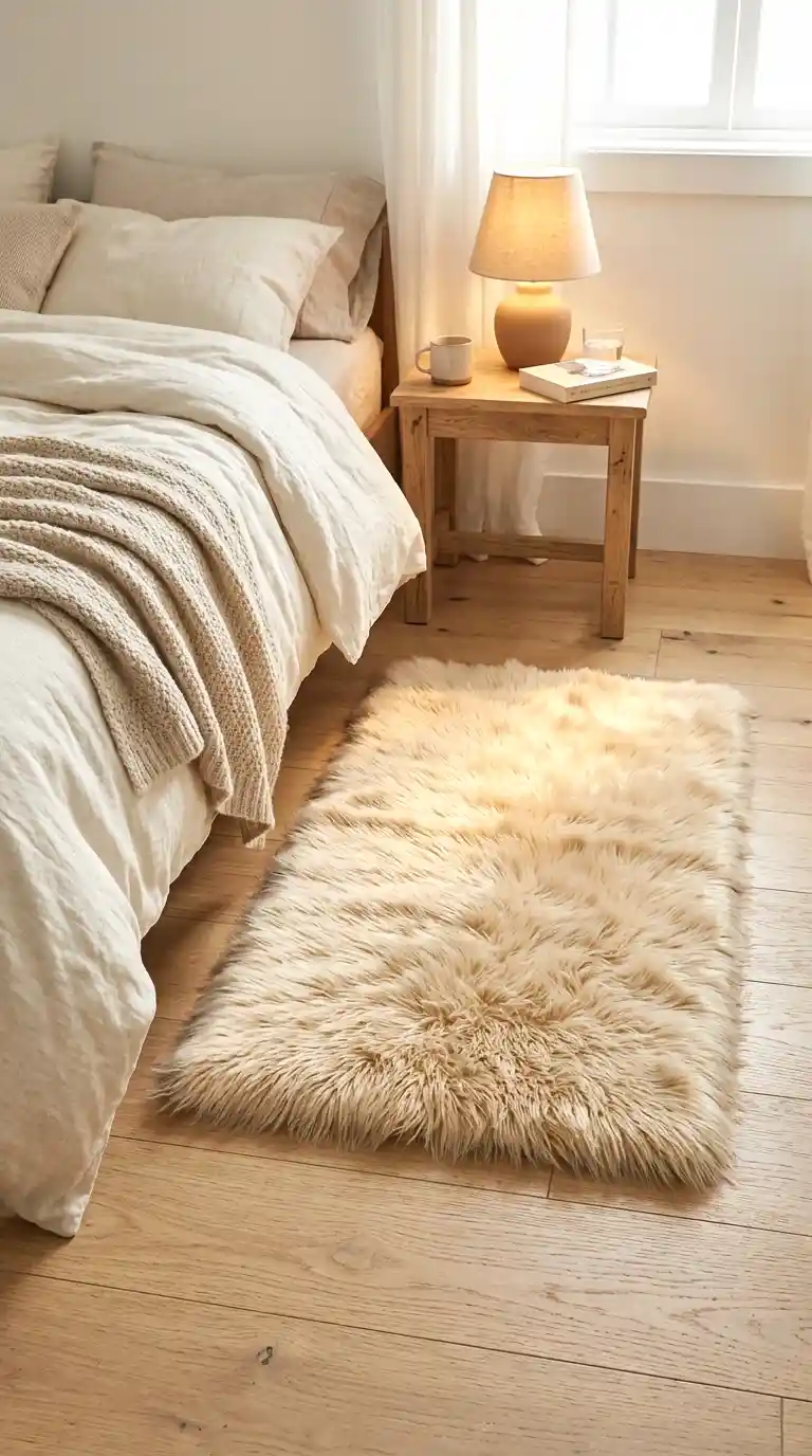 warm up a cold bedroom with a faux fur bedside rug