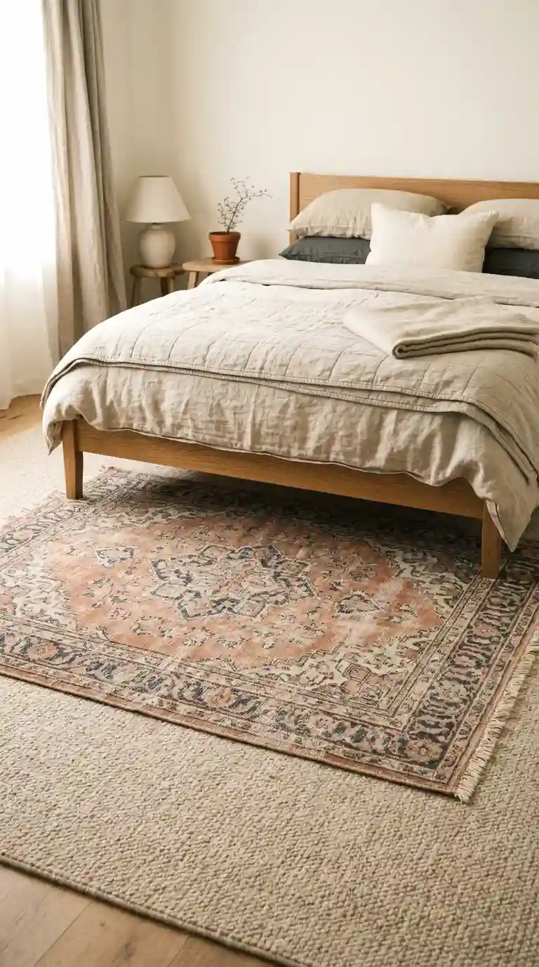 layer a vintage rug over neutral fitted carpet