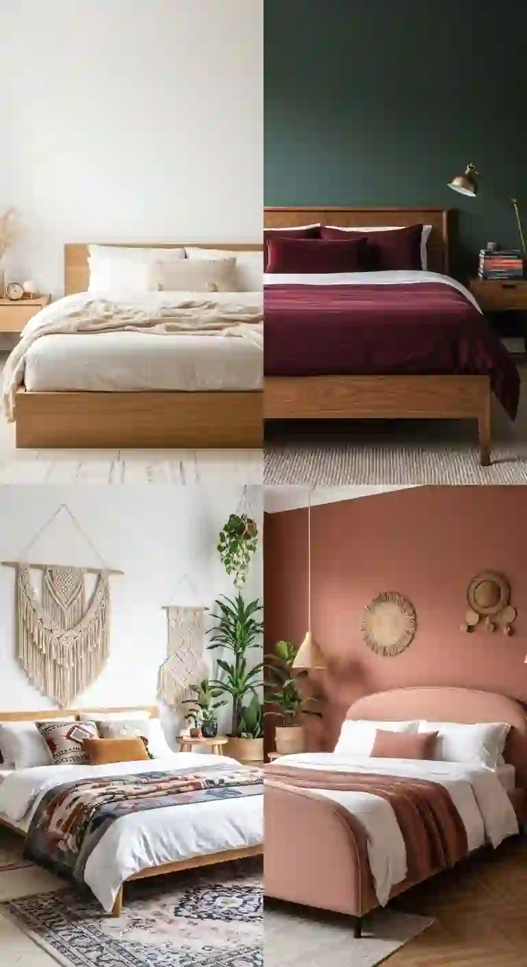 Bedroom inspo aesthetic collage with warm minimalist, dark academia, boho eclectic, and organic modern bedroom styles
