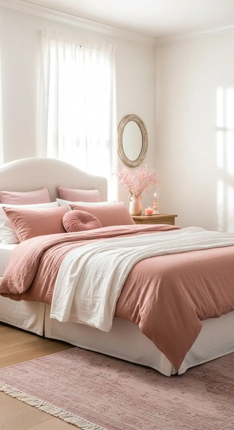 soft romantic bedroom with layered linens