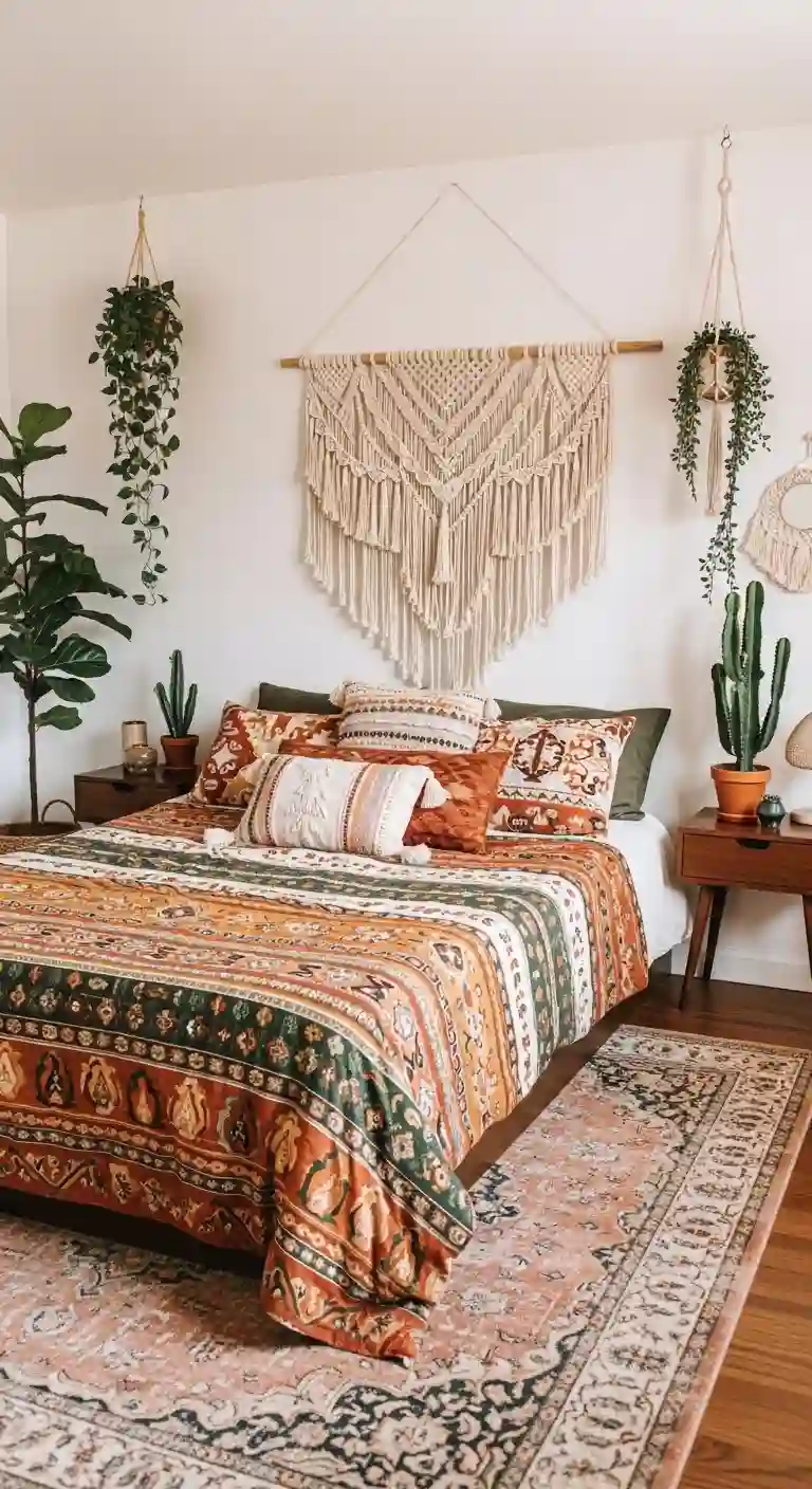boho eclectic with layered textiles and plants