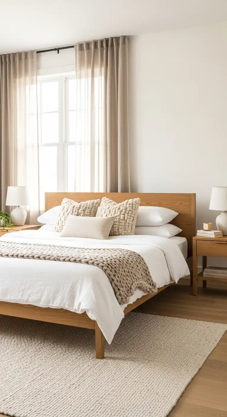 Warm minimalist bedroom inspo aesthetic with oak platform bed, linen bedding, boucle cushions, and sheer curtains