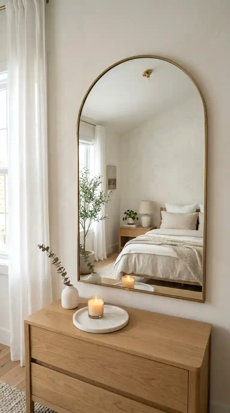 Arched brass mirror above oak dresser in organic modern bedroom with linen bedding, ceramic vase, and warm ambient lighting