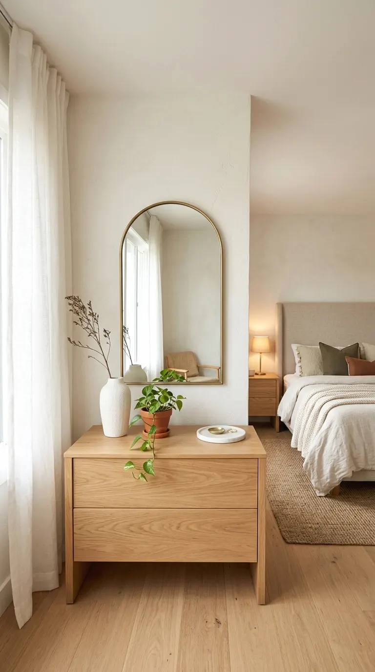 arched mirror above the dresser for a soft focal point