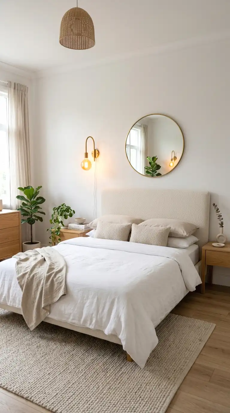 asymmetric pair of mirrors flanking the bed