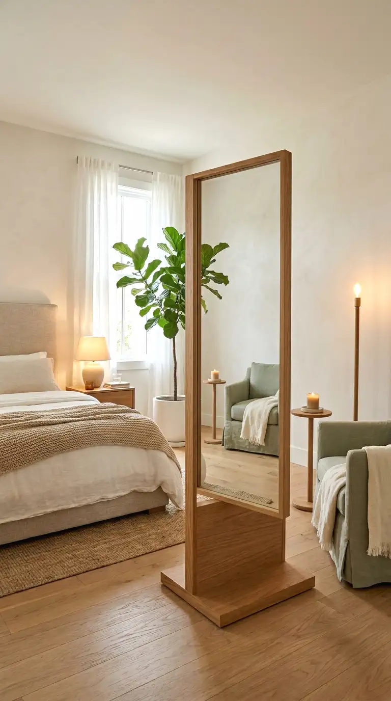 floor mirror styled as a room divider in an open layout