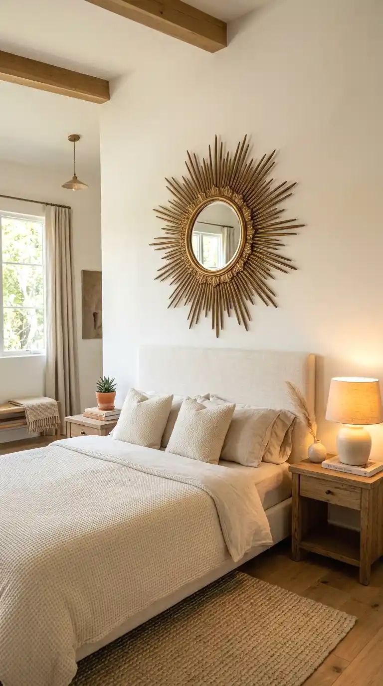 sunburst mirror as a statement above the headboard