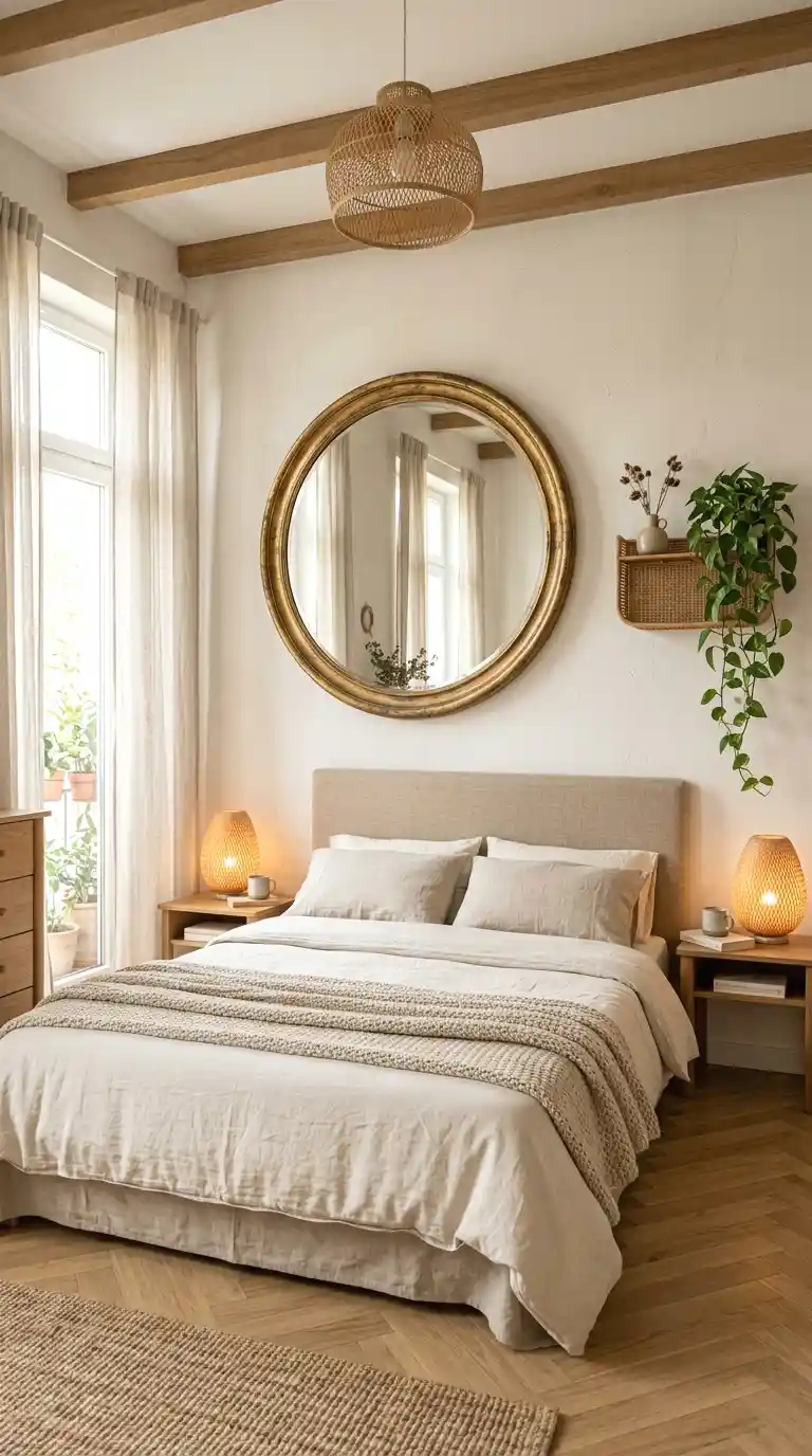 vintage round mirror paired with natural textures