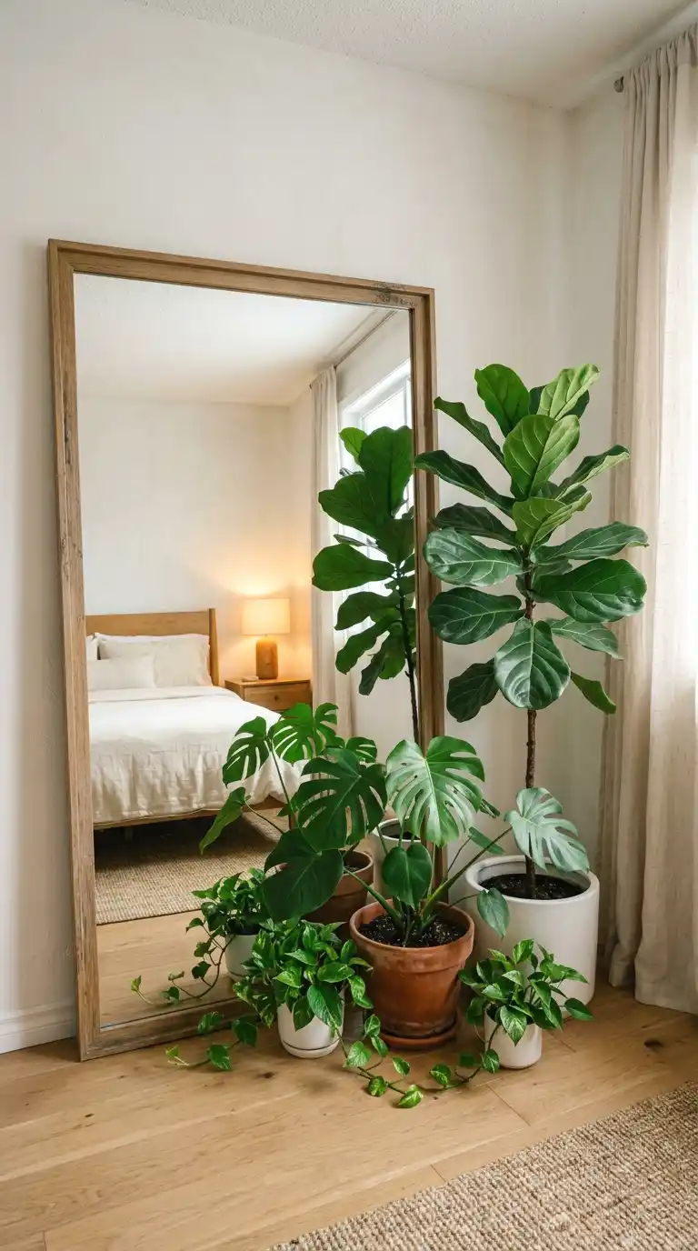 mirror leaning against the wall behind plants for a layered look