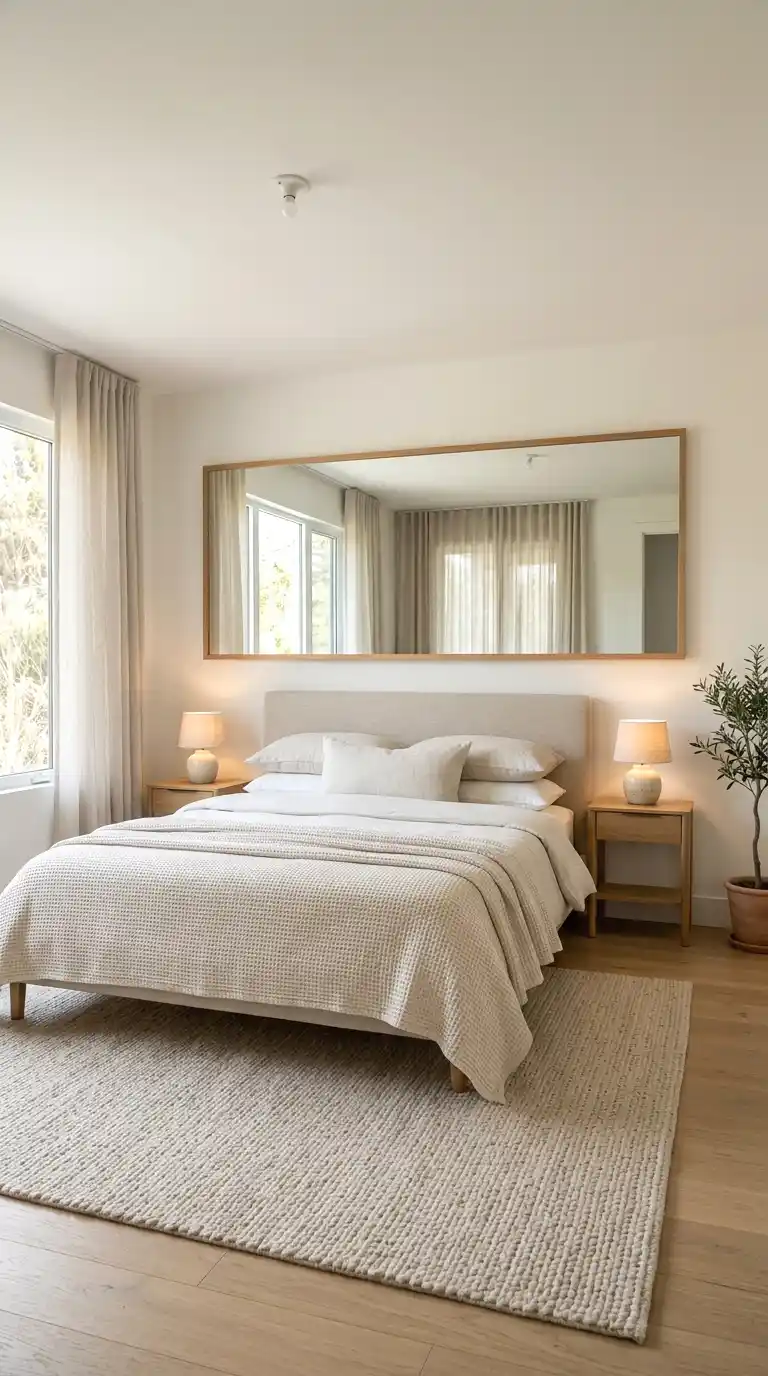 oversized rectangular mirror mounted horizontally above the bed