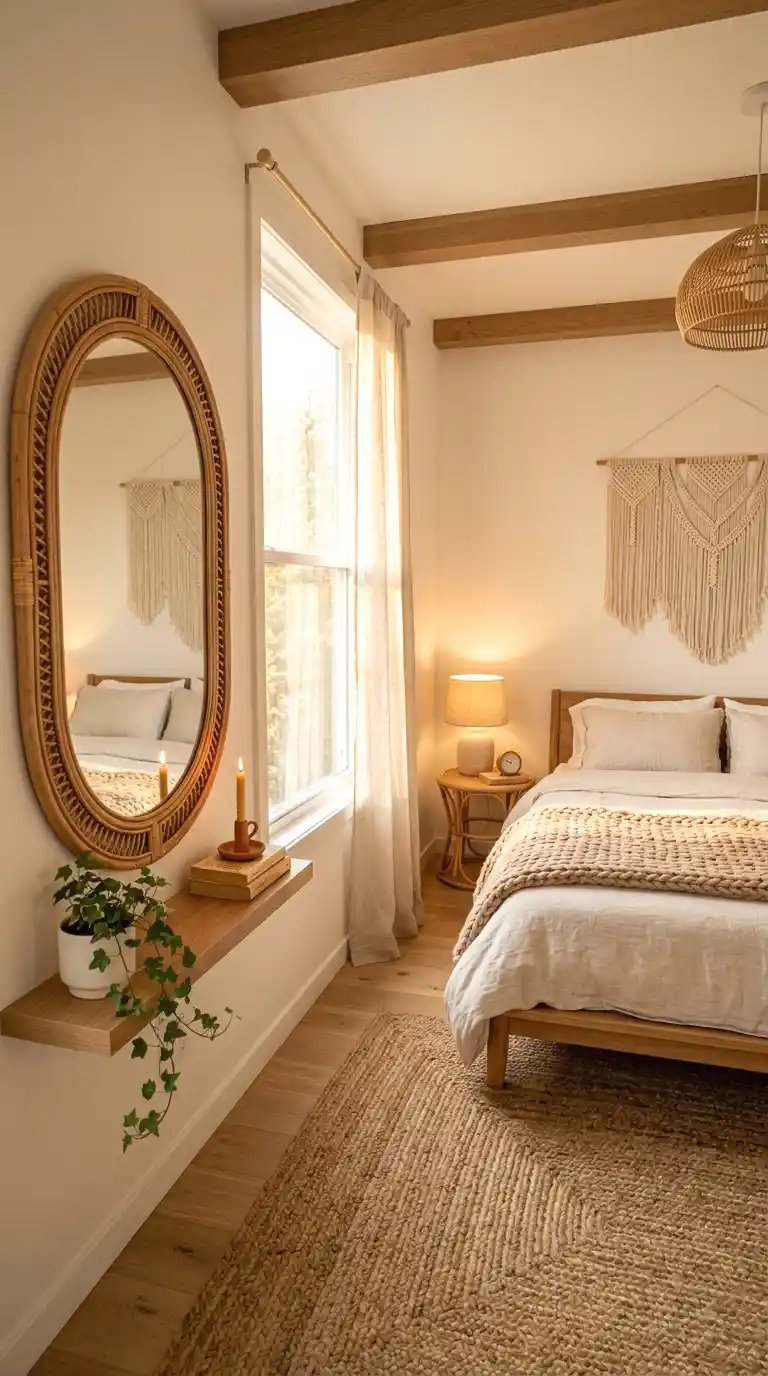 rattan framed mirror for a natural, warm texture