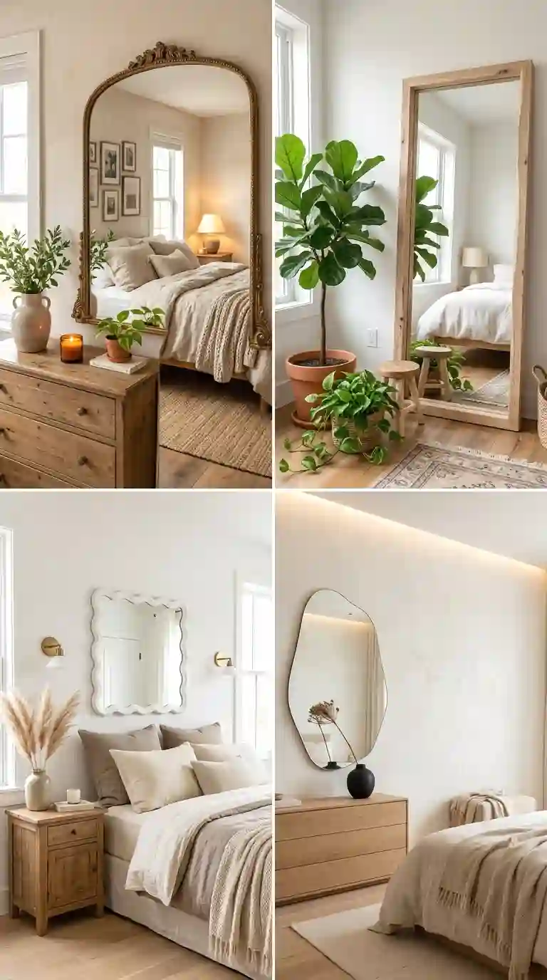 Bedroom mirror ideas collage showing arched brass mirror, full-length leaner mirror, scalloped edge mirror, and organic shaped mirror in styled bedrooms