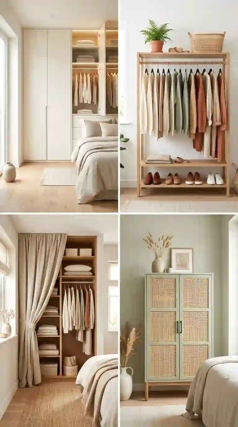 Four bedroom wardrobe ideas collage showing built-in panels, open boutique wardrobe, linen curtain nook, and cane rattan doors in a sage bedroom.