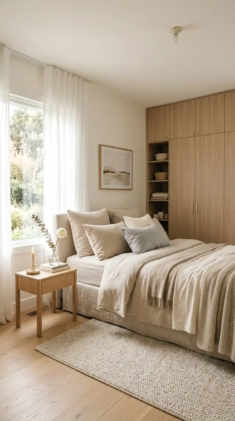 A serene bedroom with a built-in wardrobe, soft natural light, warm linen bedding, and a wooden bedside table with a candle and flower.