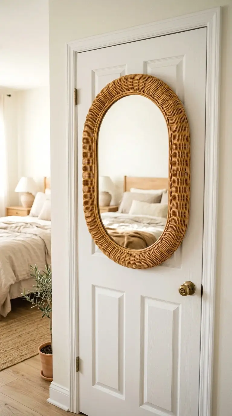 use a woven rattan mirror as a door feature