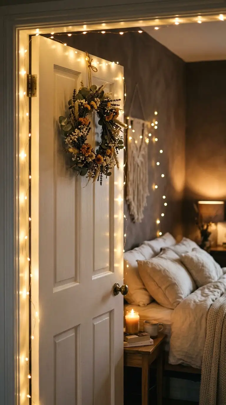 string fairy lights around the door frame