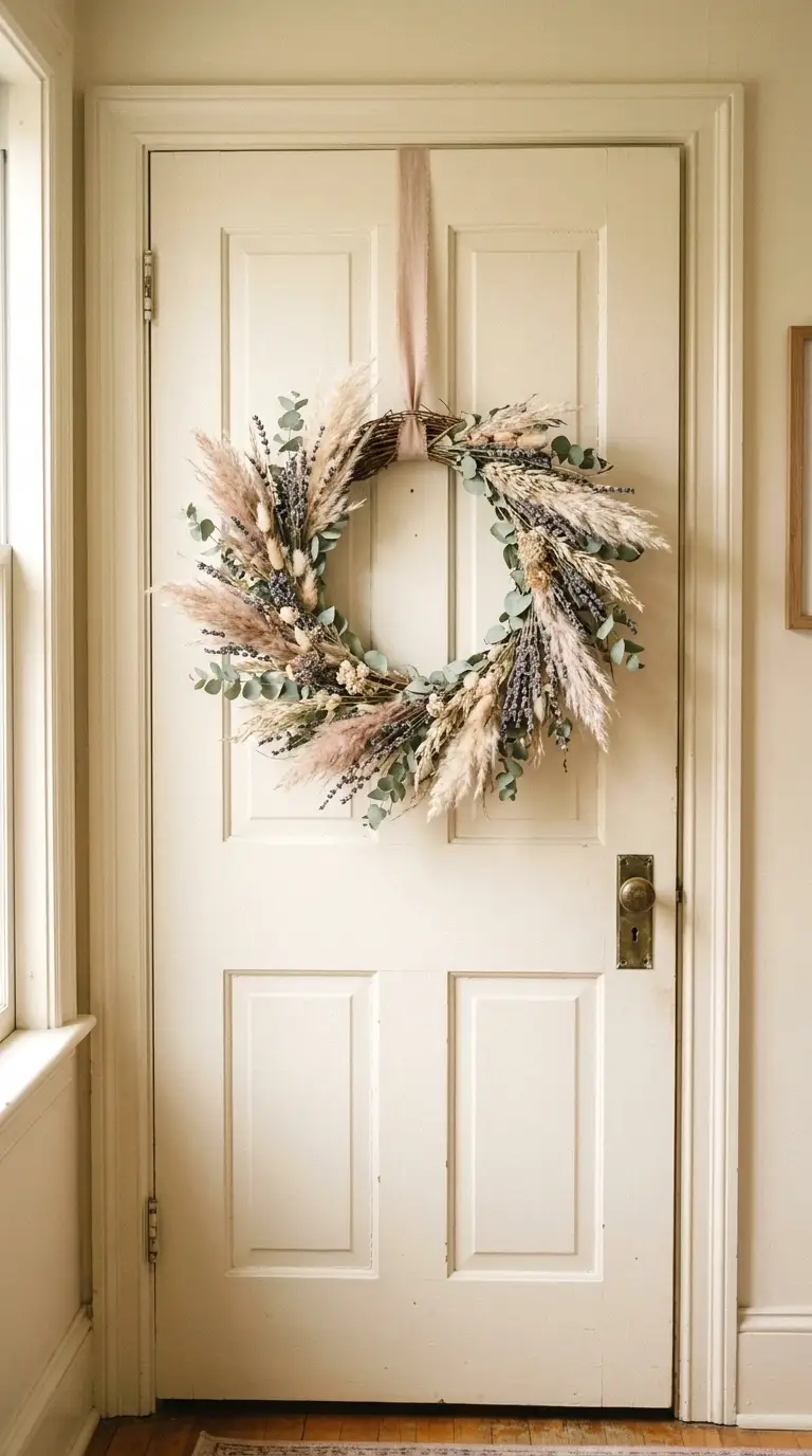 add a dried floral wreath in neutral tones