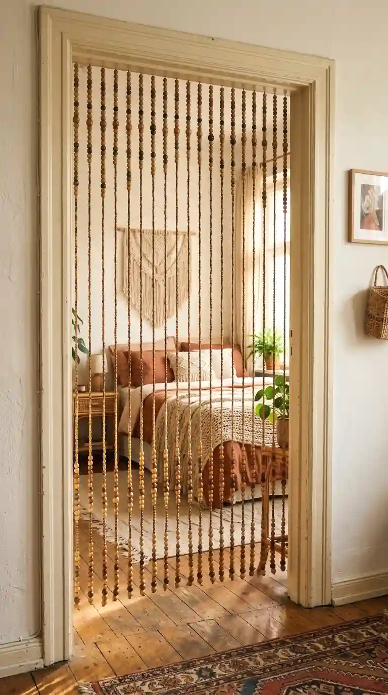 hang a beaded curtain for a boho room divider effect