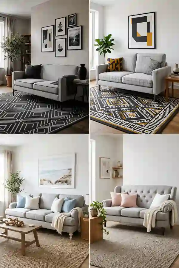 Light grey sofa living room ideas showcased in a 2x2 collage featuring modern, Scandinavian, coastal, and contemporary interiors with stylish rugs, wall art, and neutral décor.