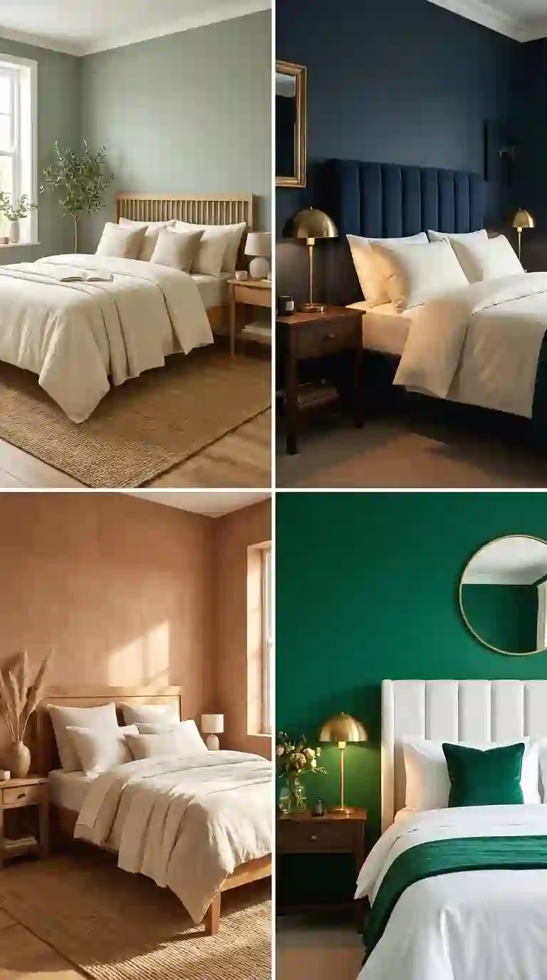 bedroom color schemes collage showing sage green, midnight blue, terracotta, and emerald green styled bedrooms