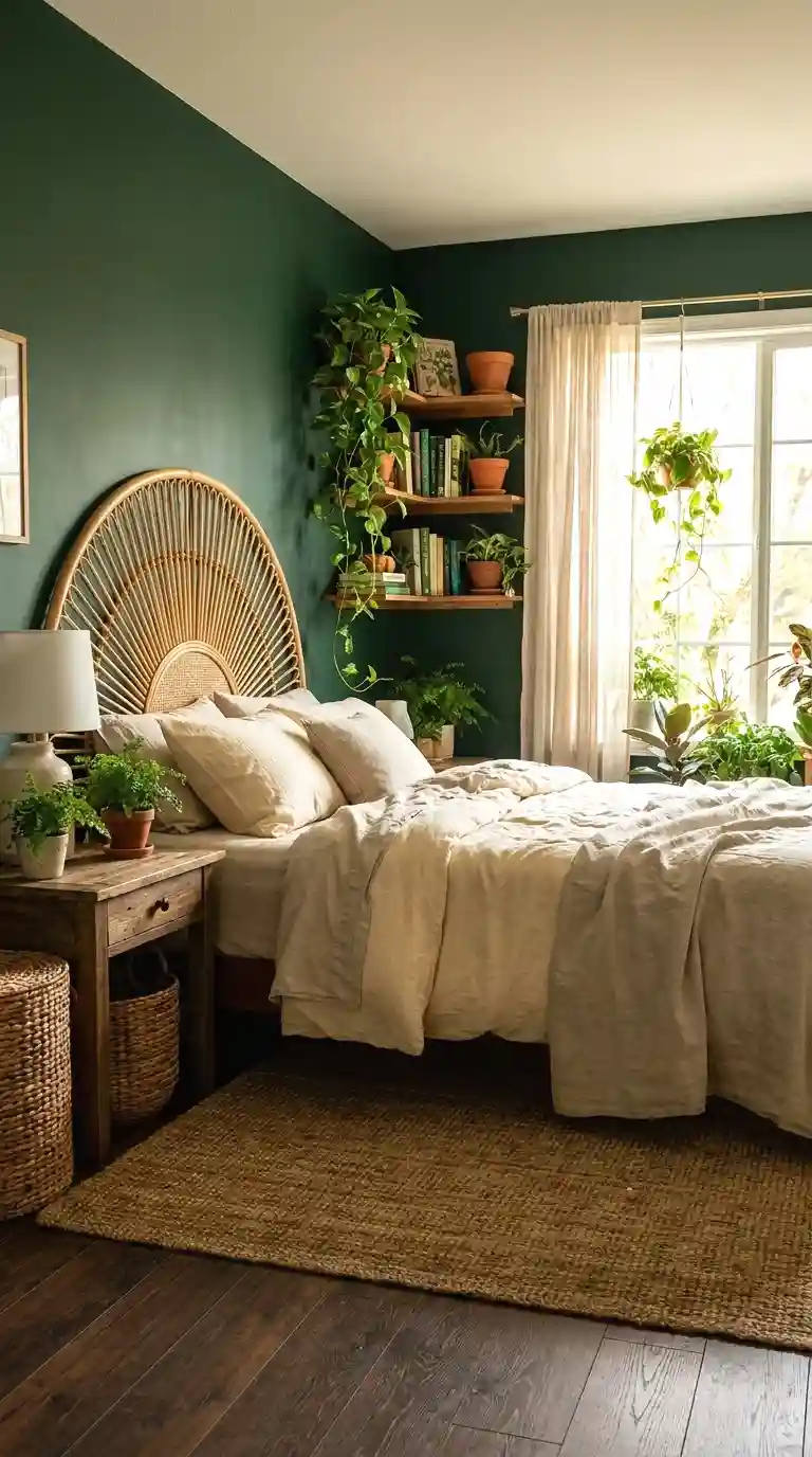 dark green with natural rattan and wicker