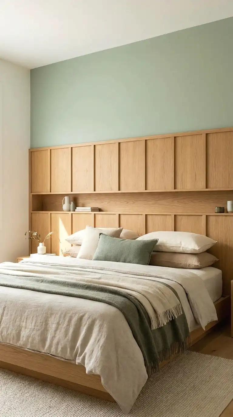 sage green with wood paneling below