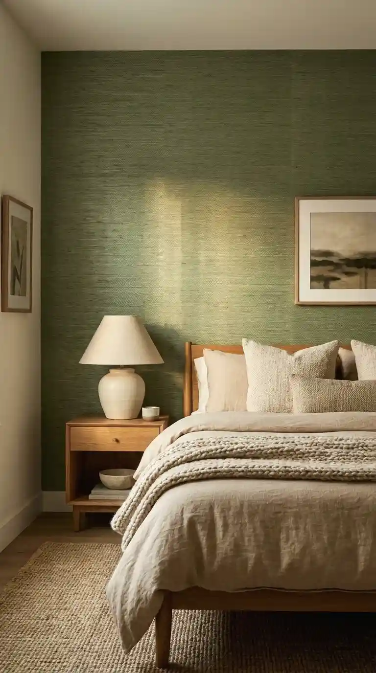 green grasscloth wallpaper as an accent wall
