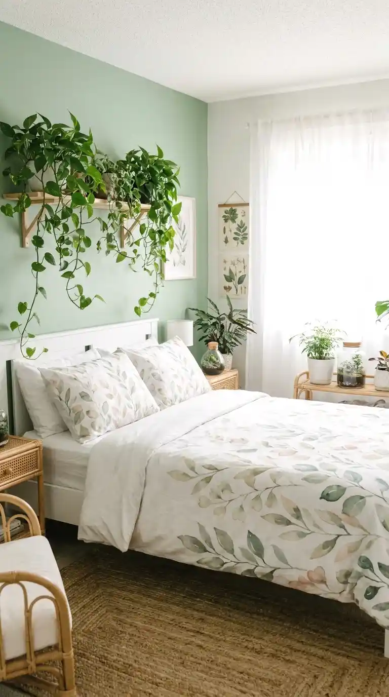 pale green with botanical print textiles
