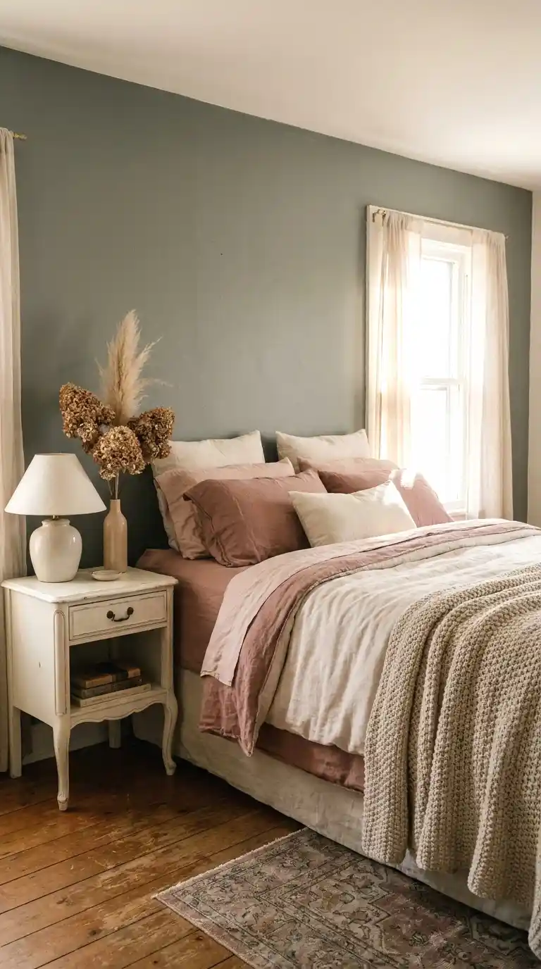 muted green with soft blush accents