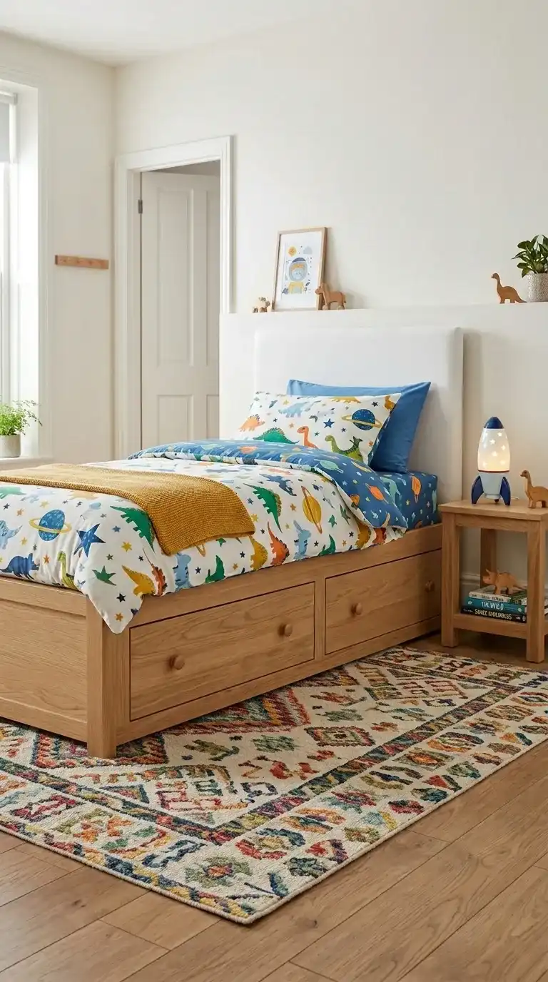 Kids bedroom storage bed in natural oak with two deep built-in base drawers white upholstered headboard and colorful soft area rug