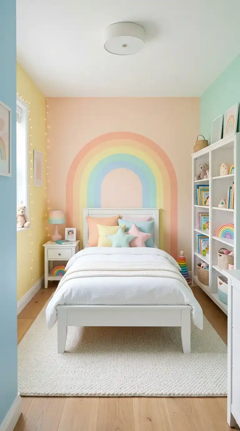 Kids bedroom ideas with pastel rainbow walls in peach yellow mint and sky blue large painted arch white bed frame and white rug