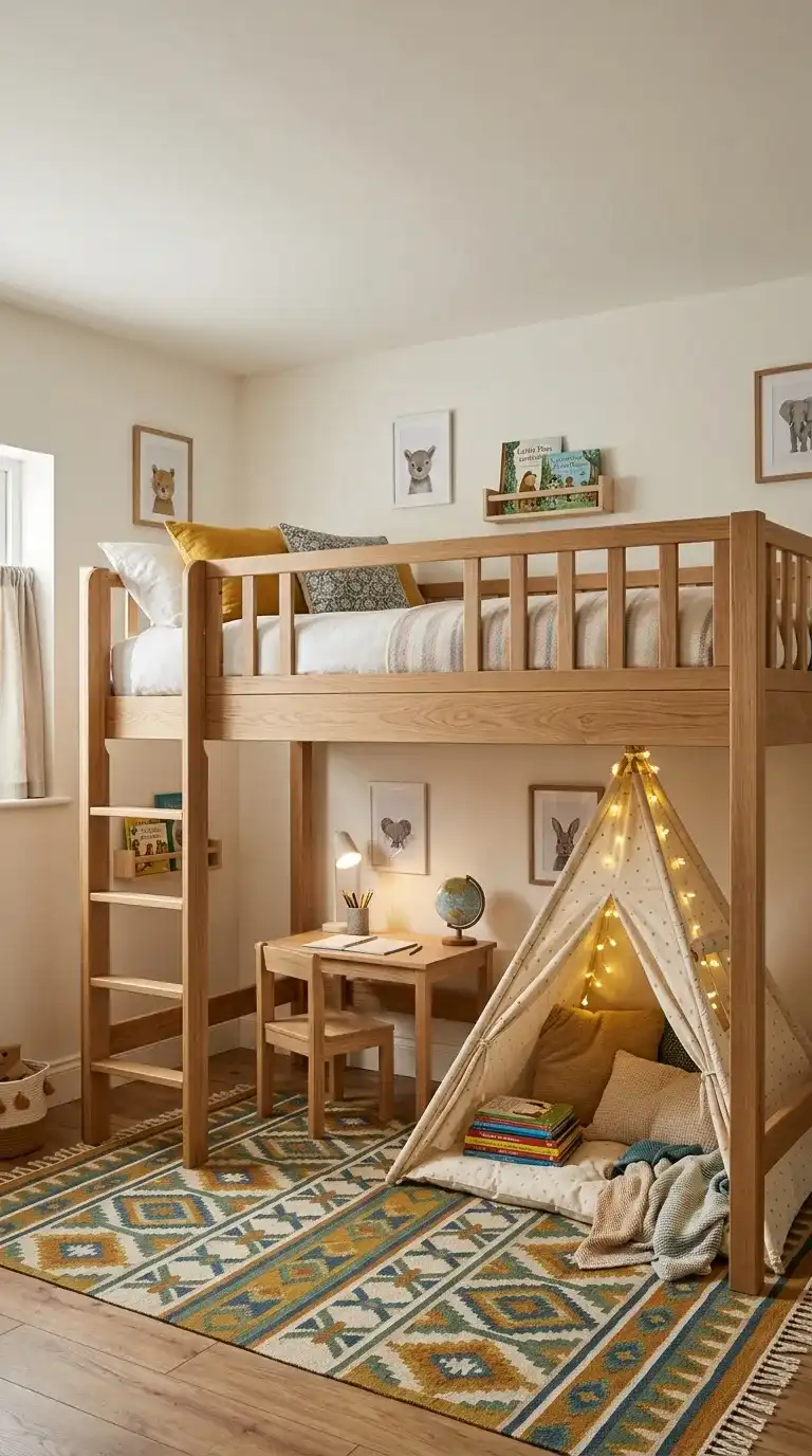 Kids bedroom loft bed in solid oak with play zone underneath featuring small desk chair reading tent and fairy lights on colorful rug