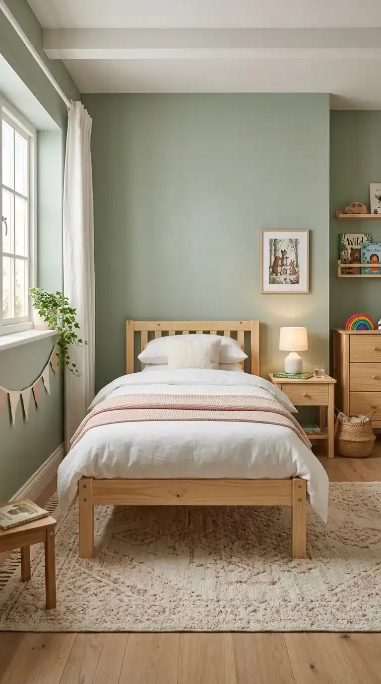 Kids bedroom with soft sage green walls natural pine wood bed frame white bedding blush pink throw and cream blush area rug