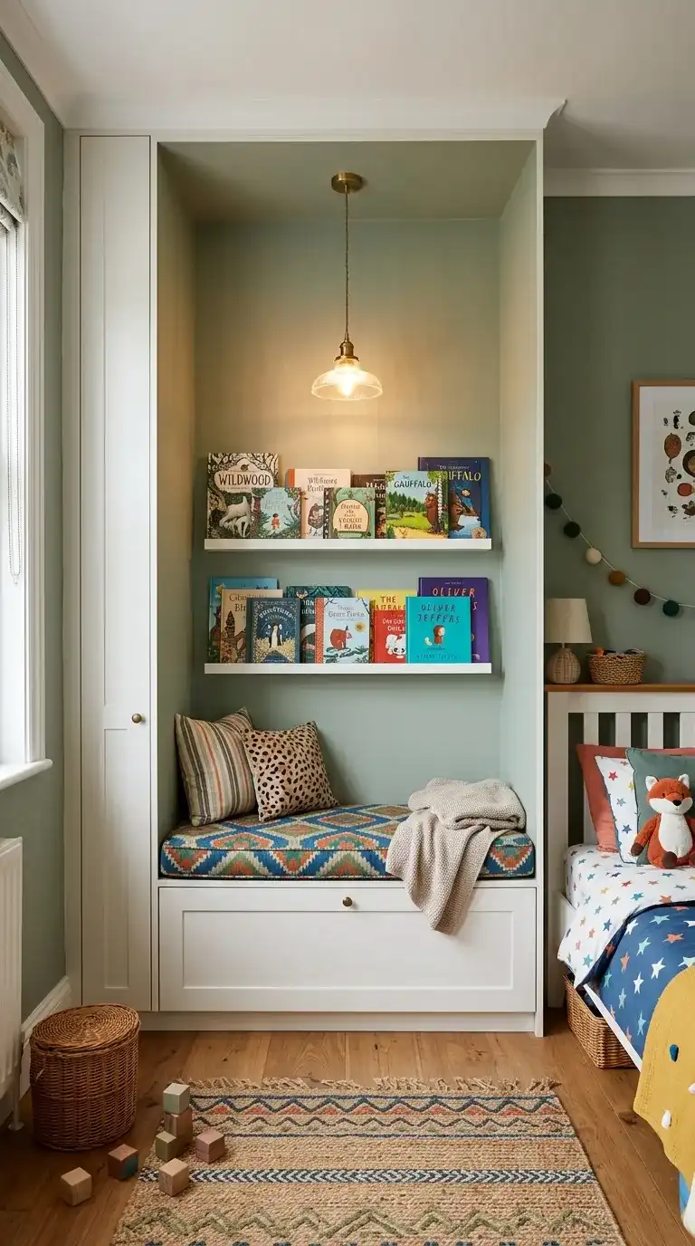 Kids bedroom reading nook built into wardrobe alcove with cushioned bench floating book shelves and small pendant light above