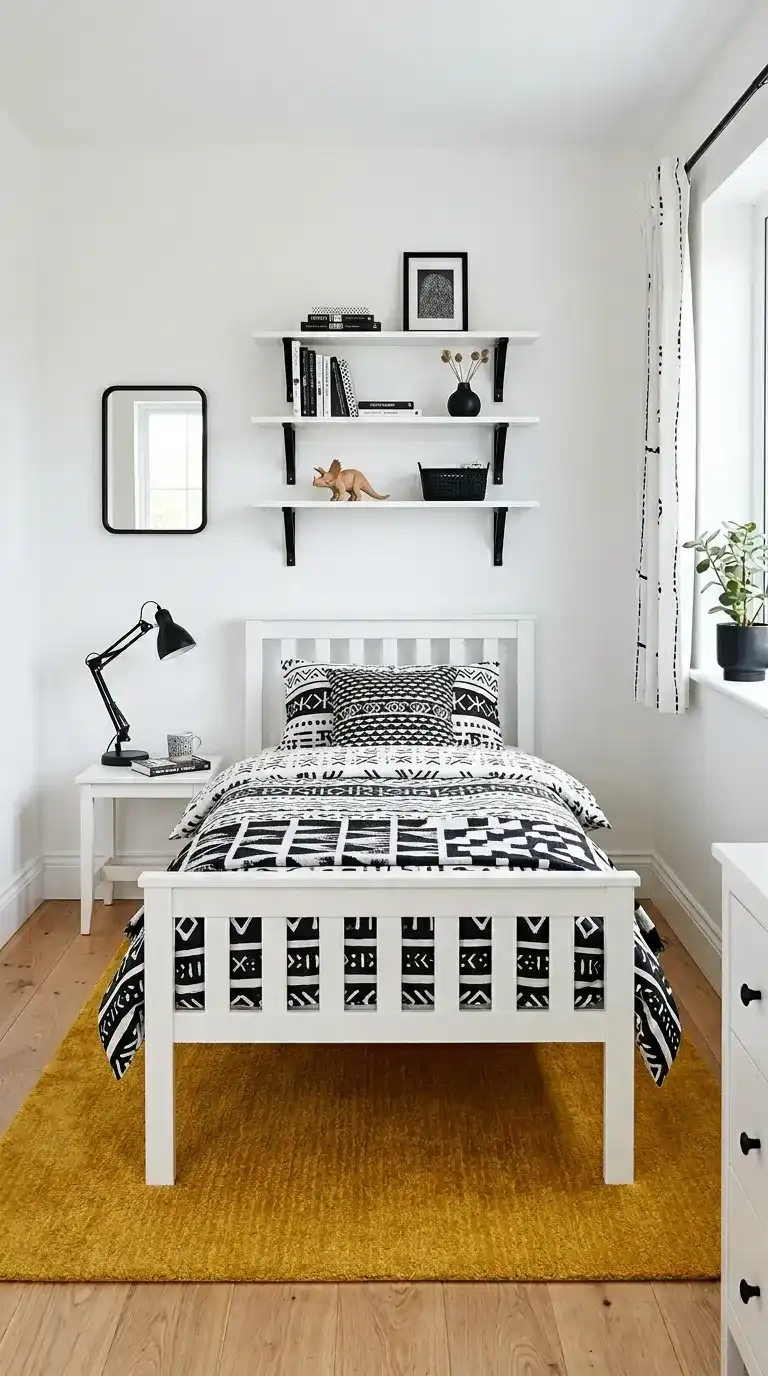 Kids bedroom ideas in black and white with graphic patterned bedding black shelf brackets mustard yellow rug and black desk lamp