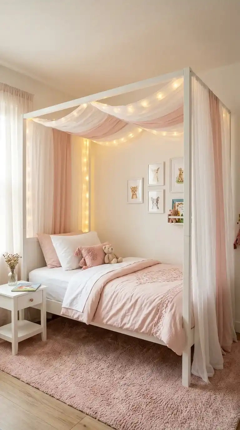 Kids bedroom with complete white four-poster canopy bed sheer blush fabric drape fairy lights along rail and plush blush pink rug