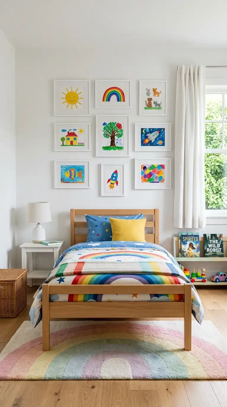 Kids bedroom with gallery wall of ten white framed children's artwork in various sizes above natural wood bed and rainbow toned rug