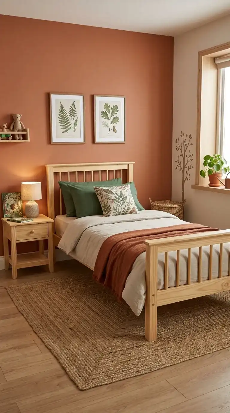 Kids bedroom with warm terracotta walls natural pine bed frame forest green and oatmeal bedding botanical prints and jute rug
