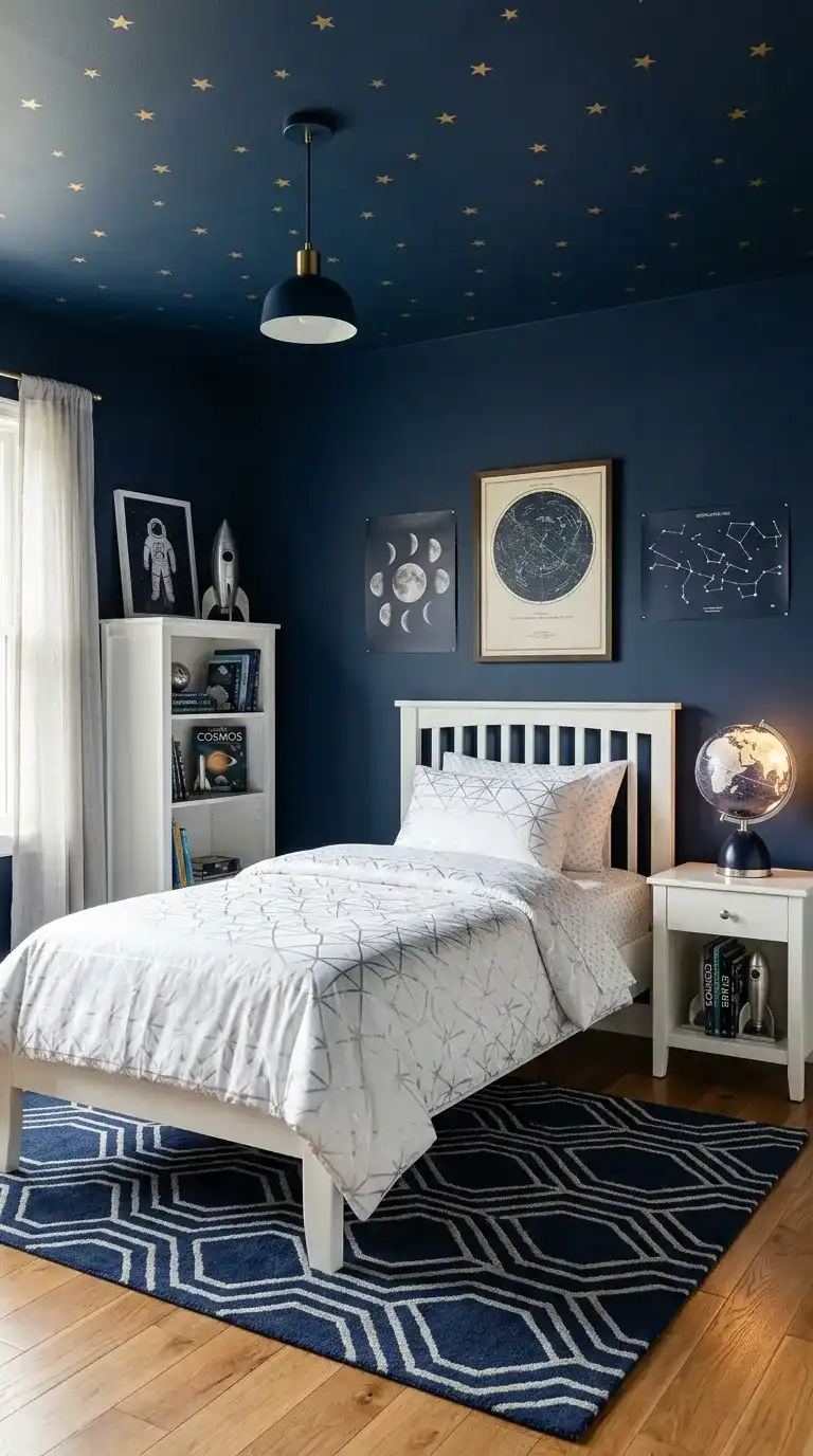 Kids bedroom space theme with deep navy walls dark blue star ceiling globe lamp rocket bookend white silver bedding and geometric rug