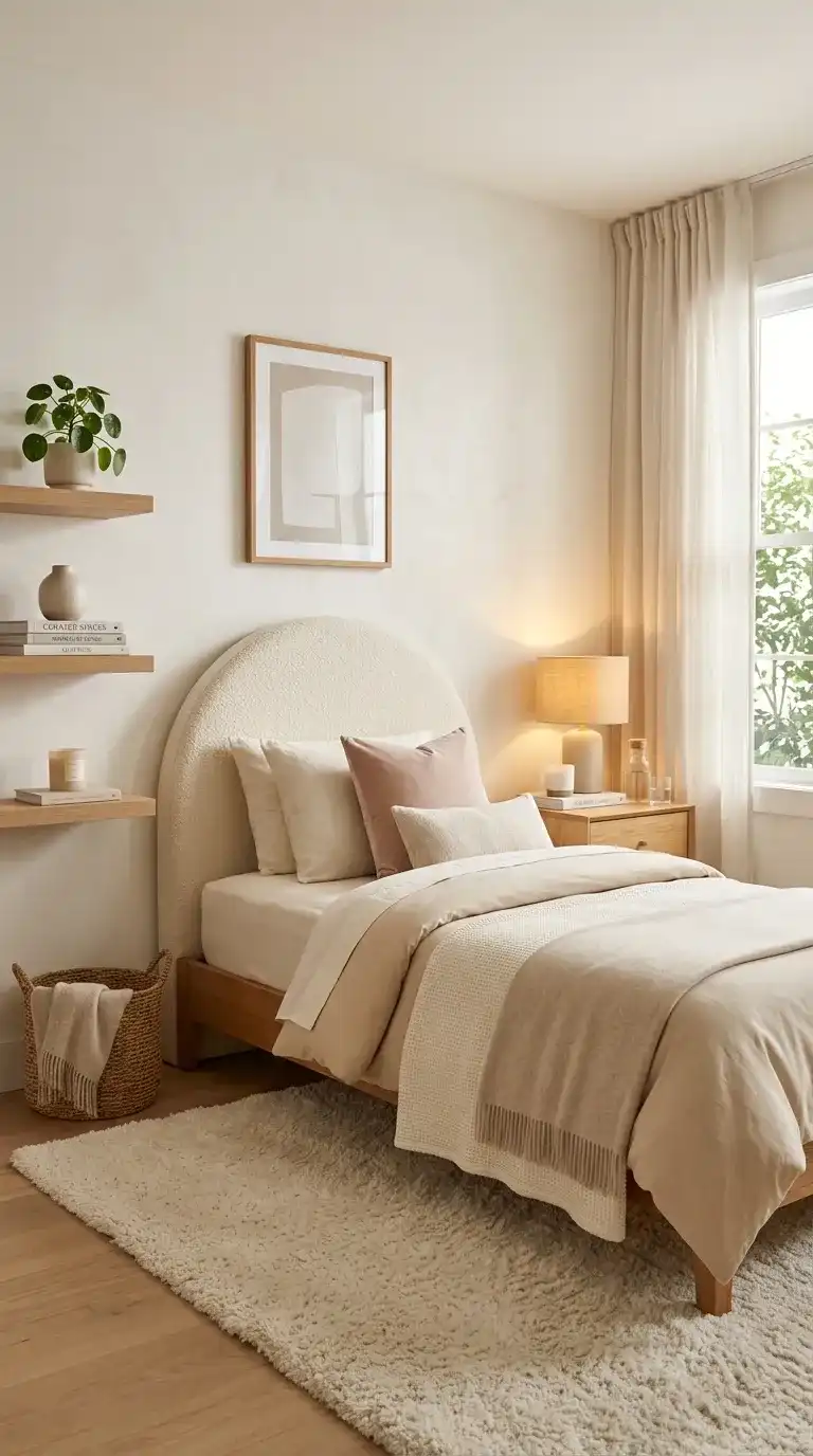 cute bedroom ideas with ivory boucle arched headboard layered cream bedding floating shelves and warm lamp light