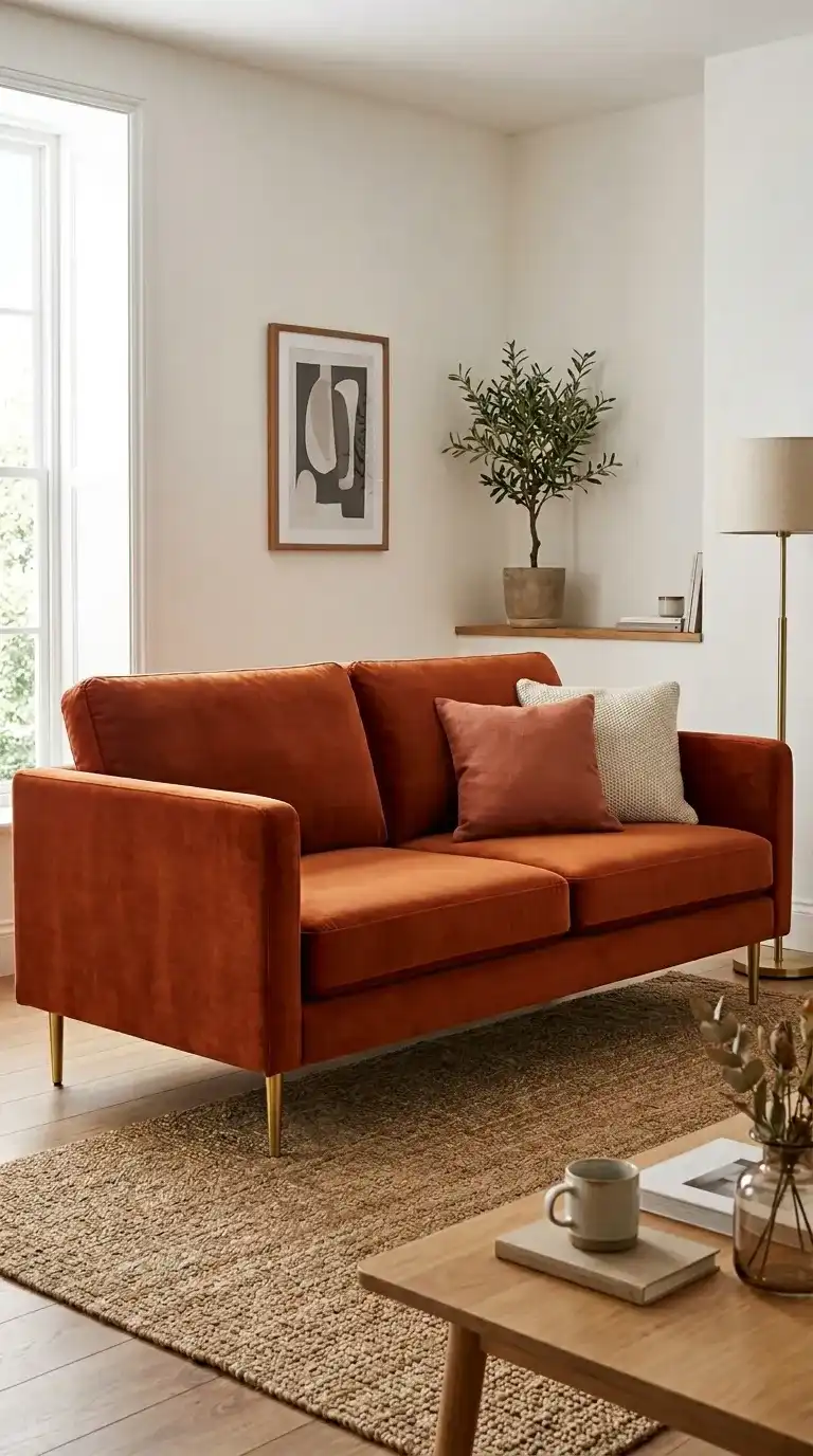 Orange sofa living room with burnt orange velvet fabric brass tapered legs terracotta and cream cushions and warm white walls