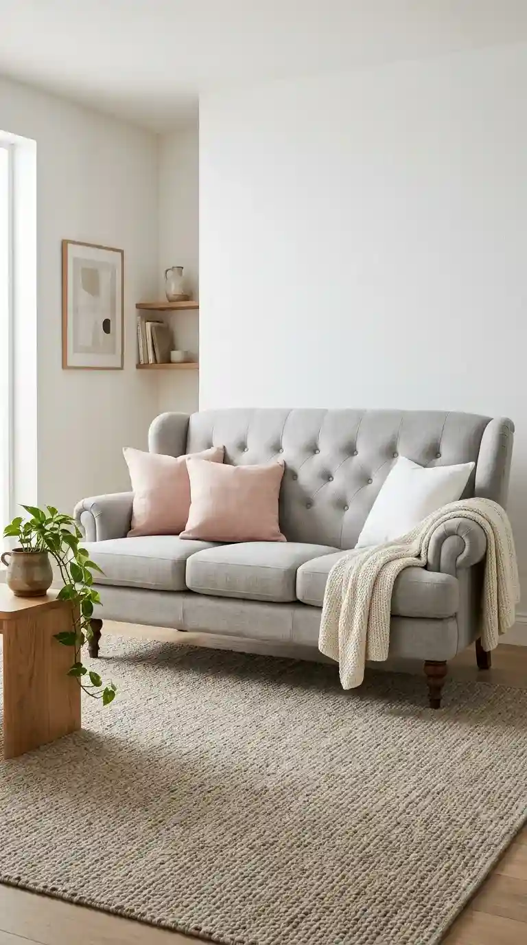 light grey sofa living room ideas with classic linen sofa, blush cushions, cream throw, and walnut legs on white wall