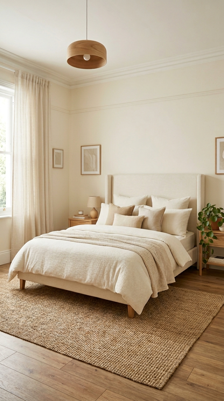 bedroom color schemes with cream linen headboard, ivory bedding, jute rug, wood side tables, and trailing plant on warm white walls