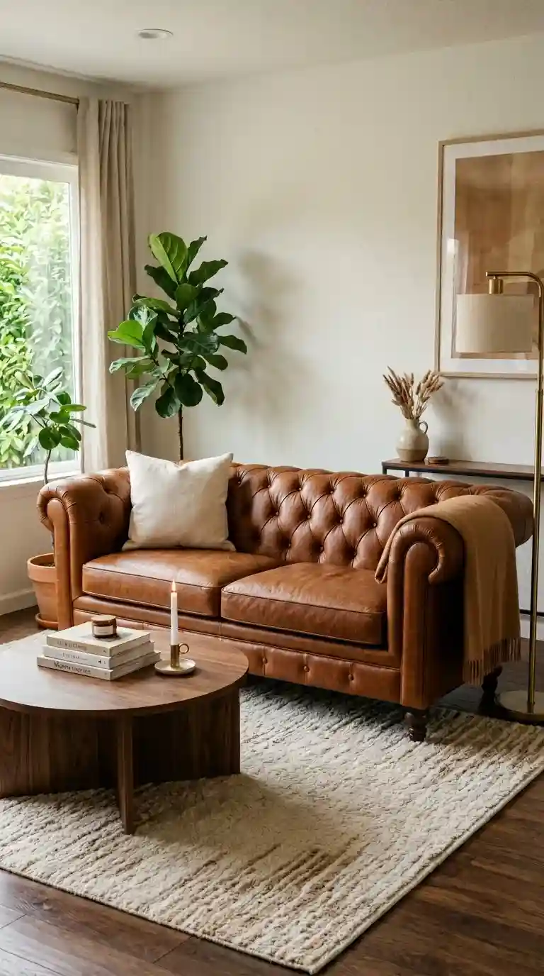 brown leather sofa living room with warm white walls walnut coffee table and ivory wool rug in modern interior